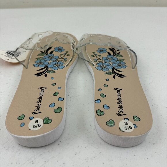 Sole Selection Women's Sandals Beige w/ Blue Glittery Flowers Small 5/6  (37) - Picture 3 of 5